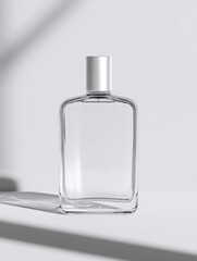 Minimalist clear glass bottle with silver cap casting a soft shadow on a white surface