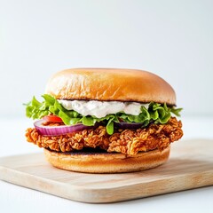 Crispy Chicken Burger on Wood Board Lettuce, Tomato and Onion Stacked High, Food Photography, Burger, Chicken sandwich