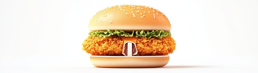 Crispy Chicken Burger, lettuce and sesame seed bun on white background, fastfood, burger