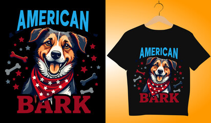 American Bark Dog T-Shirt Design: Patriotic Pet Apparel, Cute Canine Graphic Tee, USA Flag Bandana, Dog Lover Gift, Vector Illustration