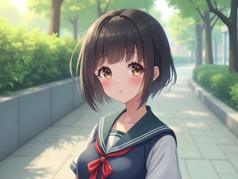 AI generated a beautiful young korean high school student girl with short hair in a school uniform outdoors
