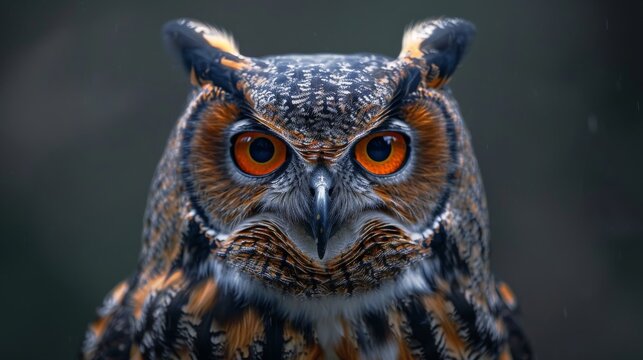 A captivating close-up of an owl, featuring its bold orange eyes and intricate feather patterns, evokes feelings of wisdom and mystery, showcasing nature's stunning beauty.