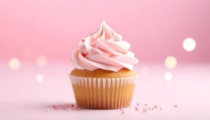 Pink Cupcake with Sprinkles on a Pink Background