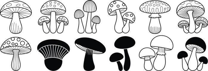 Mushroom vector illustration set, hand-drawn fungi collection, black and white forest mushrooms, cartoon toadstool graphics, botanical clipart for design

 flat vector illustration