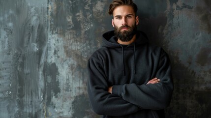 A stylish man with a beard poses confidently in a dark hoodie against an artistic textured background, embodying modern masculinity and fashion sensibility.