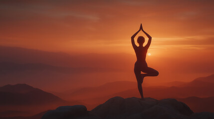 Woman Doing Yoga on Mountain Top at Sunrise
