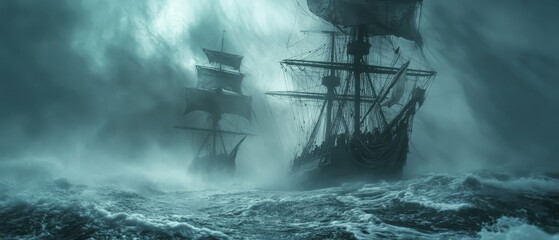 daring pirate crew aboard a ship braving stormy seas, Generative AI