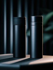 Fototapeta premium Two sleek black thermoses positioned on a table with soft lighting and blurred foliage in background