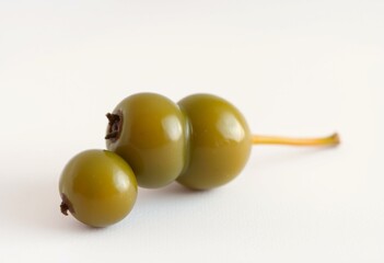 A single, plump caper berry with its long stem, sitting on a simple, white surface