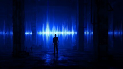 Man facing bright blue sound waves