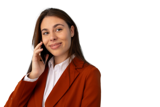 Businesswoman smiling while speaking on phone, isolated on transparent background, perfect for projects related to communication and business