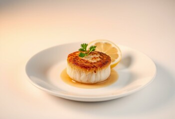 Single seared sea scallop on white plate with golden lighting