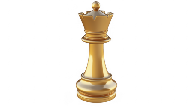 Gold Queen chess piece isolated on a transparent background, PNG image, PNG file.