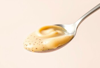 A spoonful of creamy chia seed pudding with layers against a simple background.