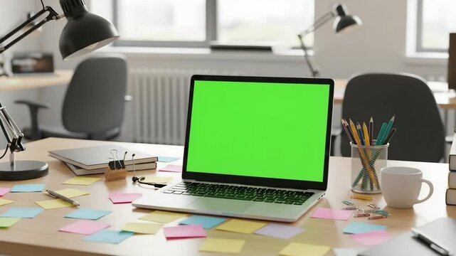 Laptop with green screen on messy desk with colorful sticky notes, pencils and coffee cup

