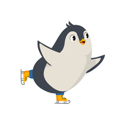 Playful penguin gliding on ice in bright yellow skates. Cute and simple vector graphic with festive winter vibes. Great for digital media, holiday branding, product packaging and merchandise design.