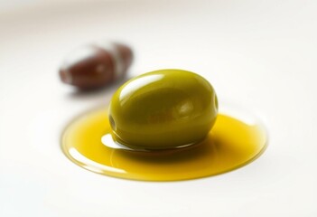 Single green olive in olive oil