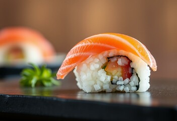 Single piece of nigiri sushi with a simple background