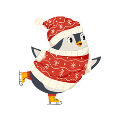 Cute penguin skating, wearing a red ugly sweater and hat. Great vector illustration for seasonal Christmas cards, prints, posters, holiday decorations, branding, gifts and product packaging.