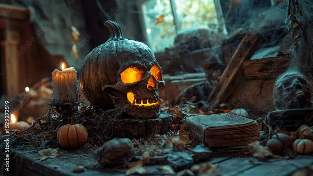 Poster a warm and cozy table setting with a carved pumpkin and candles