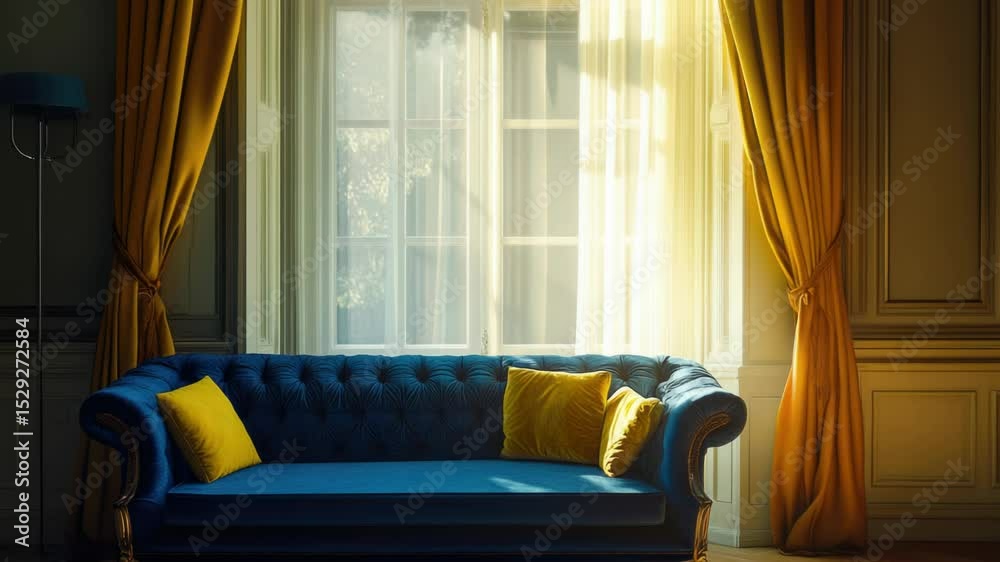 Poster blue couch sitting in front of a window with natural light