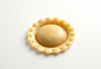 A single raviolo with visible filling on a clean background
