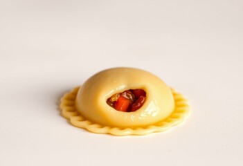 Single, perfectly formed raviolo with hint of filling showing