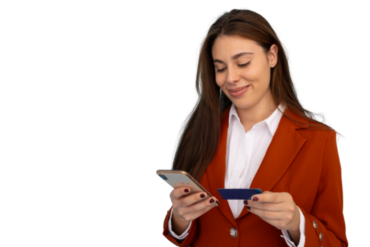 Businesswoman holding credit card and smartphone, making secure online payment, isolated on transparent background