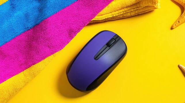 A vibrant purple computer mouse rests on a bright yellow surface beside a colorful towel