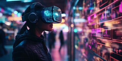 high-tech virtual reality shopping experience with glowing holographic interfaces and products, Generative AI