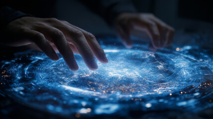 Futuristic Close-Up of Hands Using Touchscreen Hologram Interface