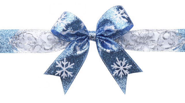 Elegant blue ribbon bow with snowflake patterns on a transparent background, PNG image, PNG file.