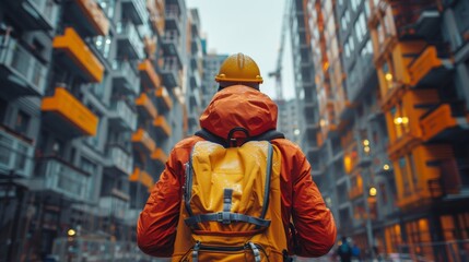 A construction worker stands in a vibrant urban area, surrounded by modern architectural structures. The image captures the essence of urban development and progress.