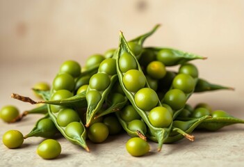 A few green edamame pods with one slightly open, against a plain background, with natural light