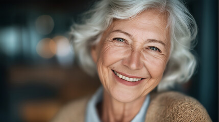 Joyful elderly woman with silver hair smiling in natural light