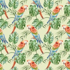 Red parrots and green monstera and palm leaves seamless pattern. Hand drawn watercolor illustration. For greeting cards, invitations, textiles, fabrics, wrapping paper, wallpapers, covers.