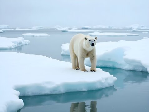 Polar bear on drift ice edge with snow and water in Norway sea.