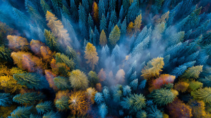Aerial View of Autumn Forest with Golden Leaves and Misty Atmosphere