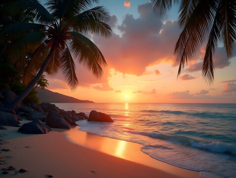 Scenic tropical beach with palm trees and ocean view at sunset