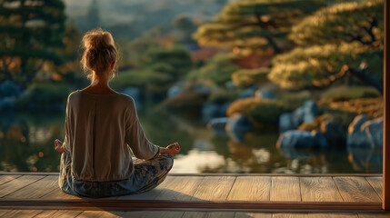 Young woman meditating in a Zen garden at sunrise