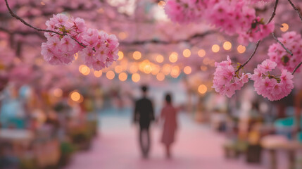 Romantic couple walking under cherry blossoms in spring