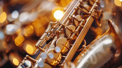 Fototapeta premium A gleaming saxophone captured in stunning detail against a vibrant bokeh background, celebrating the artistry of music and the intimate connection with sound and rhythm.