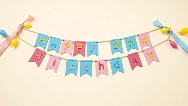Colorful Happy 2nd Birthday Banner with Pink and Blue Flags
