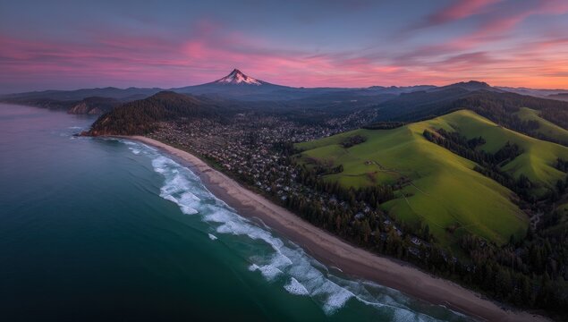 Coastal Town Sunset Aerial View