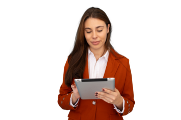 Young businesswoman using digital tablet with transparent background, ideal for easy integration into any design project