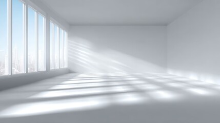 Naklejka premium Bright Minimalist Room with Illuminati Shadows, Tranquil Workspace, Soft Light Effects