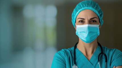 Portrait of a female medical professional in scrubs and PPE leading a vaccination drive to administer COVID 19 vaccines to members of the local community