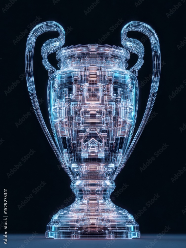 Poster hologram of a championship trophy emerging from bracket light in a modern digital display environmen
