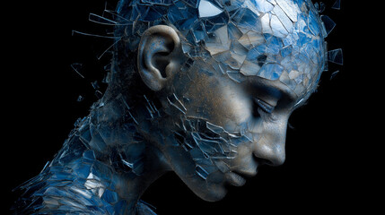 Shattered Glass Human Head Reflecting Emotions in Dark Background