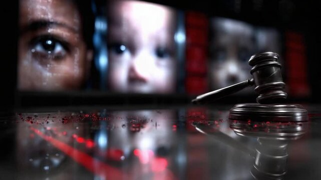 A gavel sits prominently in the foreground, while deep and expressive eyes of children reflect social justice themes on large screens in the background, highlighting critical societal challenges